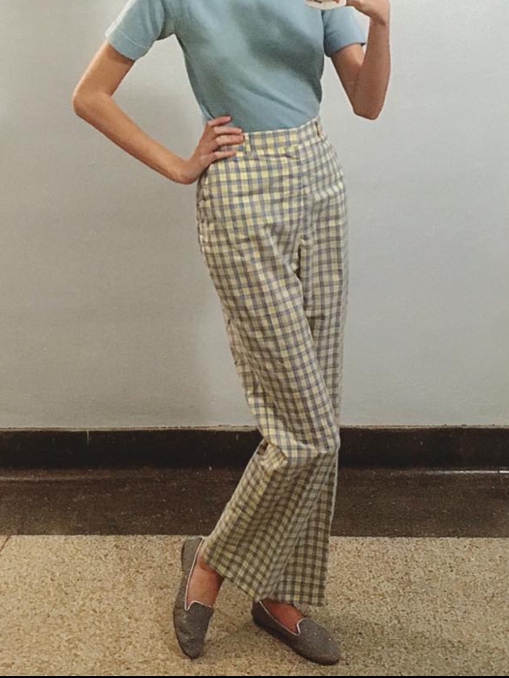 70s Vintage Plaid High-Waisted Pants